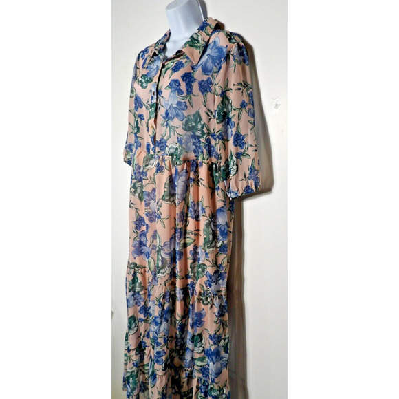 Kate & Lily Size 10 Maxi Dress Sheer Pink Floral Tropical Chiffon Collared Butt - Picture 13 of 15